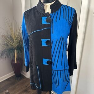 Ali Miles Blue And Black Blouse With Mandarin Collar Size Small